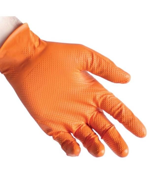 Immagine 2 di Guanti in nitrile arancioni reflexx n85 senza polvere full grip da 50 Pezzi gr. 8,4 ultra resistente